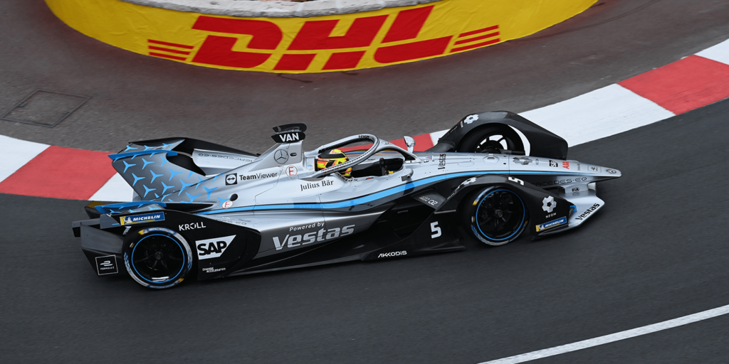 Formula E driver Stoffel Vandoorne racing at the 2022 Monaco ePrix 